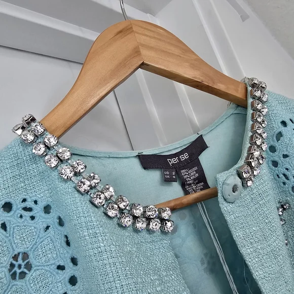 🆕️ Per Se Carlisle Per Elegant Crystal Floral Tweed Blazer in Mint Aqua Blue - Picture 4 of 10